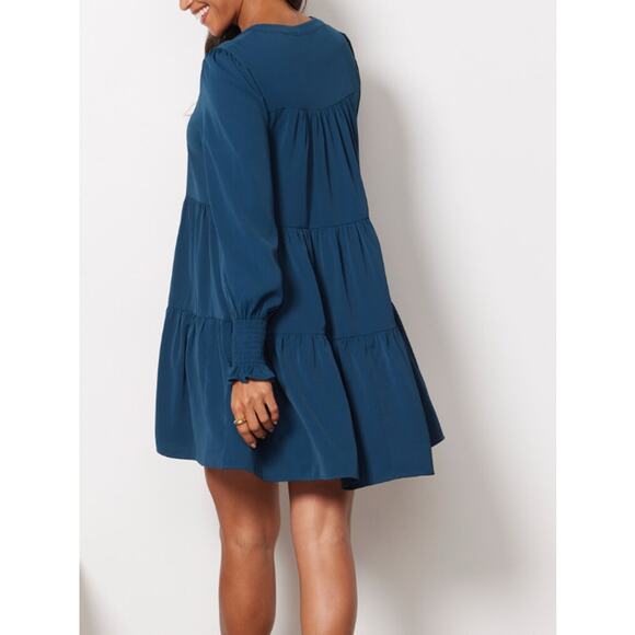 OPT Small Teal Blue Bay VNeck Tiered Long Sleeve Dress Cocktail Smocked Cuffs - Picture 12 of 12